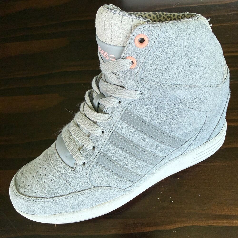 adidas NEO Super Women's Gray Suede High Top Wedge Leopard Sneakers Size 6.5 - Picture 9 of 10